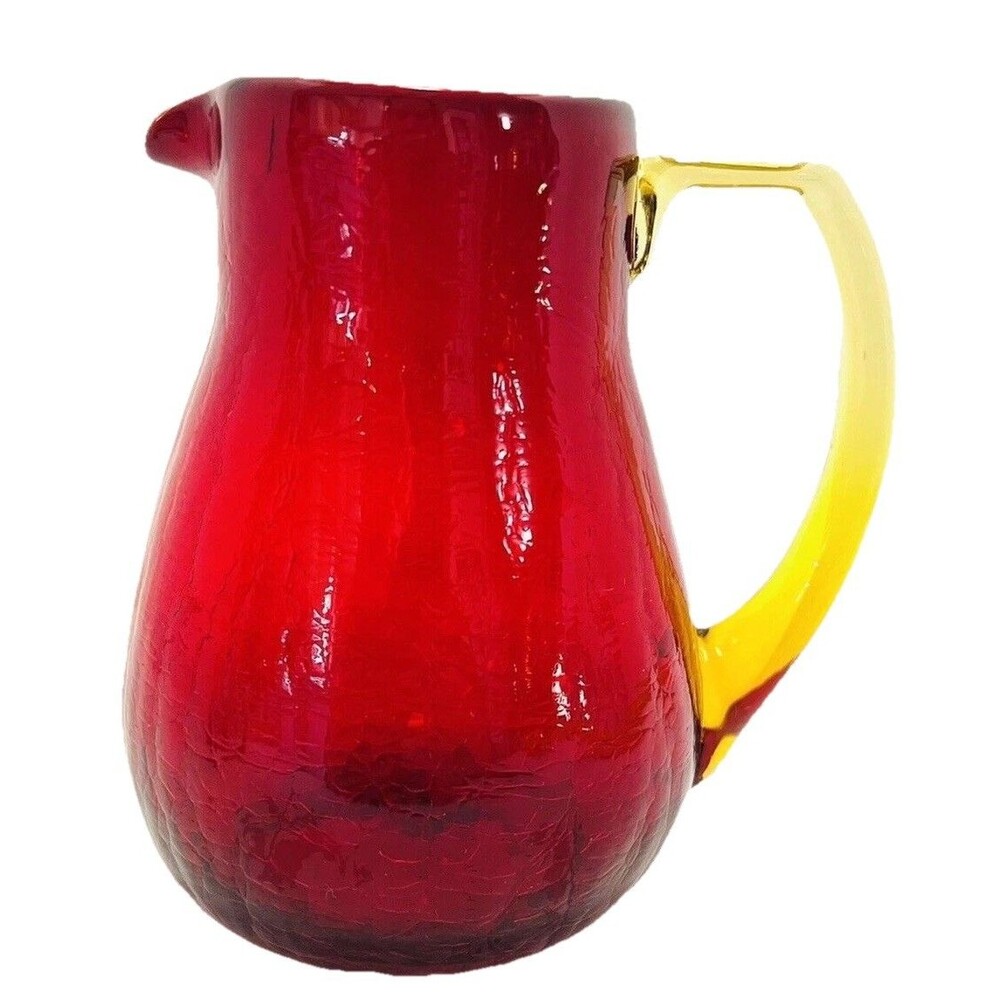 Vintage Amberina Crackle Glass Mini Pitcher Creamer Red Yellow Hand Blown 5.5"